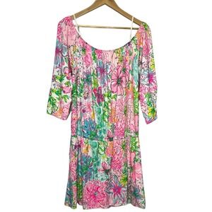 Lilly Pulitzer Lana Skort Romper XL Pink Paradise Found Off Shoulder Tie Sleeve